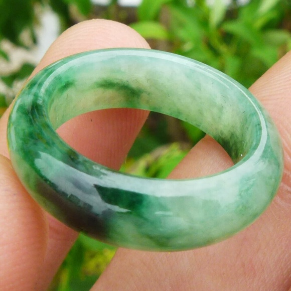 Natural Grade A Jadeite Jade One Piece Ring Carving Transparent Green 17mm - Picture 2 of 14